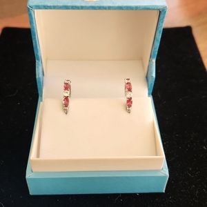 Silver Tone Small Hoop Earrings with Pink Sapphires and CZ Stones